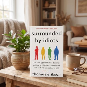 May include: A white book titled Surrounded by Idiots by Thomas Erikson, featuring red, yellow, green, and blue silhouettes of people. The cover text reads Over One Million Copies Sold and The Four Types of Human Behavior and How to Effectively Communicate with Each in Business (and in Life).
