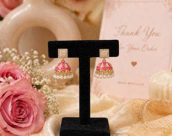 Handcrafted Pink Enamel Jhumka Earrings with White Pearls – Traditional Indian Wedding Jewelry
