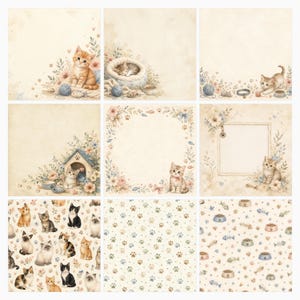 Cozy Watercolor Cat Digital Paper Pack, Kitten Scrapbook Papers, Paw Print Backgrounds (Digital Download) preview 6