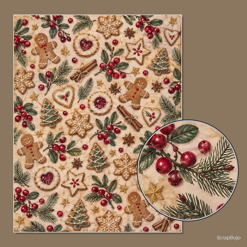 Puede incluir: Un patr&oacute;n festivo con figuras de pan de jengibre, galletas en forma de estrella y coraz&oacute;n con centro rojo, ramas de canela, ramas de pino y bayas rojas sobre un fondo de pergamino. Un recuadro circular muestra una vista ampliada de las bayas.