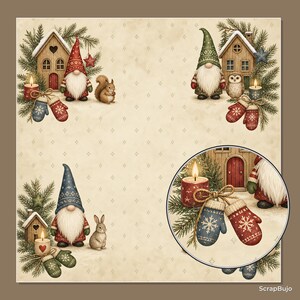 Puede incluir: Una ilustraci&oacute;n digital que presenta tres escenas distintas de gnomos con elementos invernales como casas de madera, ramas de pino, velas encendidas y manoplas. Un recuadro circular muestra una vista ampliada de una vela roja y manoplas.