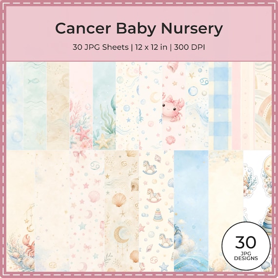 Cancer Baby Nursery Digital Paper Pack, Watercolor Crab Zodiac Sheets (Digital Download)