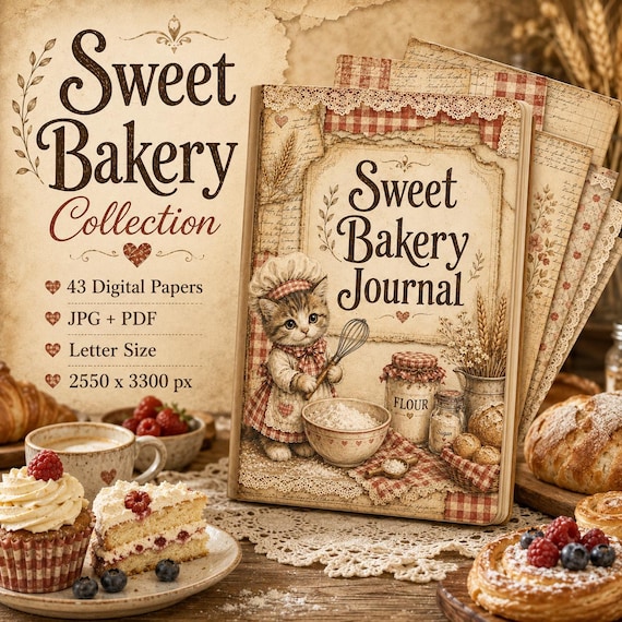 Sweet Bakery Junk Journal Kit, Vintage Recipe Pages, Scrapbook Papers (Digital Download)