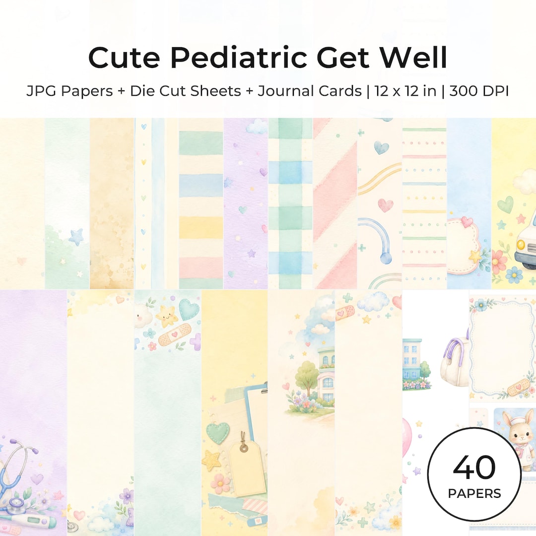 Pediatric Get Well Scrapbook Papers, Watercolor Medical Journal Cards (Digital Download)
