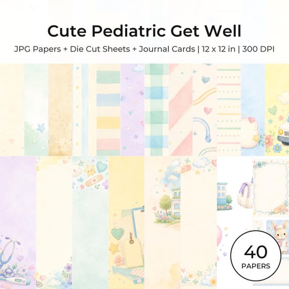 Pediatric Get Well Scrapbook Papers, Watercolor Medical Journal Cards (Digital Download)