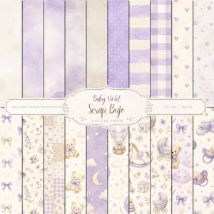 Könnte beinhalten: Eine Sammlung digitaler Papiermuster in Violett- und Cremetönen mit Aquarellmotiven von Teddybären, Kinderwagen, Schaukelpferden, Schnullern, Schleifen, Sternen, Wolken und Monden sowie dem Text Baby Violet Scrap Bujo.