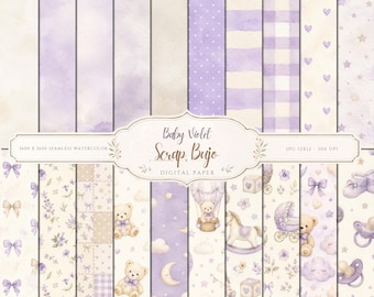 Pack de papier numérique aquarelle bébé violet, motifs de chambre d'enfant lavande (téléchargement numérique)
