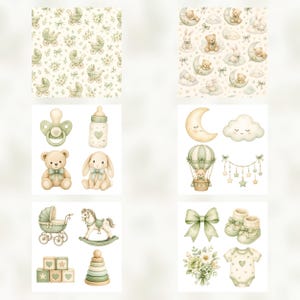 Baby Green Nursery Digital Paper Pack, Watercolor Scrapbook Journal Kit (Digital Download) preview 5