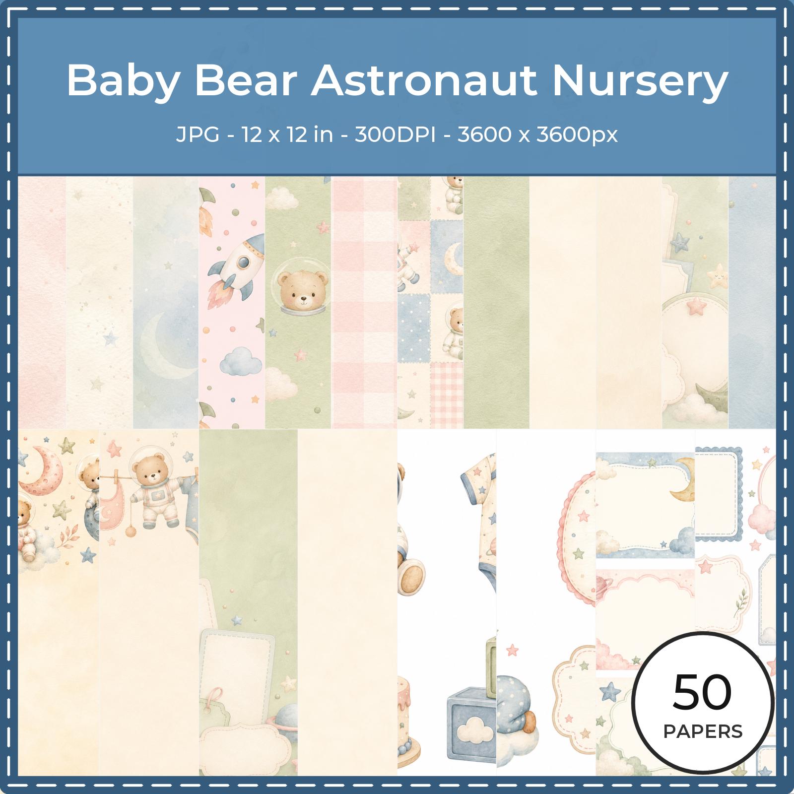 Baby Bear Astronaut Watercolor Papers, Nursery Space Theme