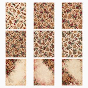Puede incluir: Una colecci&oacute;n de nueve papeles digitales rectangulares con un patr&oacute;n repetitivo de hombres de jengibre, galletas en forma de estrella, ramas de canela, ramas de pino y bayas rojas sobre un fondo de color beige claro.