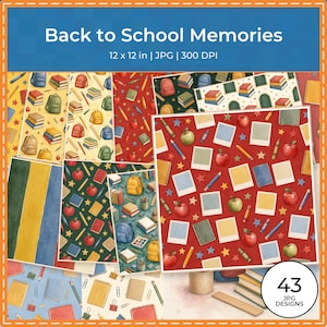 Op de afbeelding: Een digitale collectie getiteld Back to School Memories met 43 JPG-ontwerpen van 30,48 x 30,48 cm en 300 DPI. De patronen tonen aquarelillustraties van rugzakken, boeken, appels, potloden, kleurpotloden en lege fotolijstjes op diverse achtergronden.