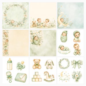 36 Watercolor Baby Papers, Green Nursery Scrapbook Patterns (JPG) preview 5