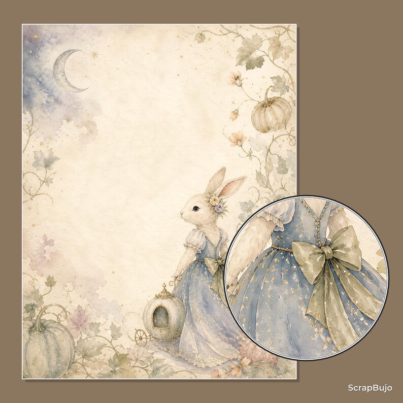 Peut inclure: Une feuille de papeterie d&eacute;corative avec une illustration &agrave; l'aquarelle d'un lapin portant une robe bleue avec un grand n&oelig;ud, pr&egrave;s d'un carrosse citrouille. Le fond inclut des vignes, des citrouilles et un croissant de lune. Texte : ScrapBujo.
