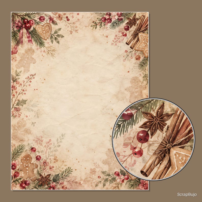 Puede incluir: Una hoja de papel rectangular con textura vintage envejecida que presenta un borde de ilustraciones en acuarela que incluyen galletas de jengibre, ramas de canela, an&iacute;s estrellado, ramas de pino y bayas rojas. Un c&iacute;rculo muestra detalles.