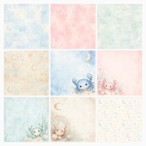Cancer Baby Nursery Digital Paper Pack, Watercolor Crab Zodiac Sheets (Digital Download) preview 2