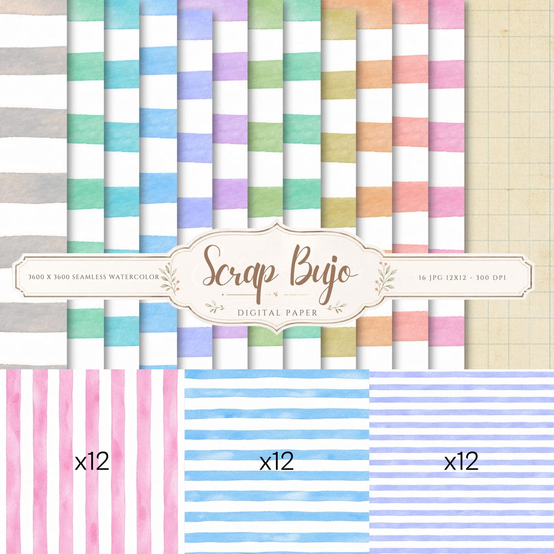 Pastel Watercolor Stripes Digital Paper Pack | 36 Scrapbook Papers (Digital Download)
