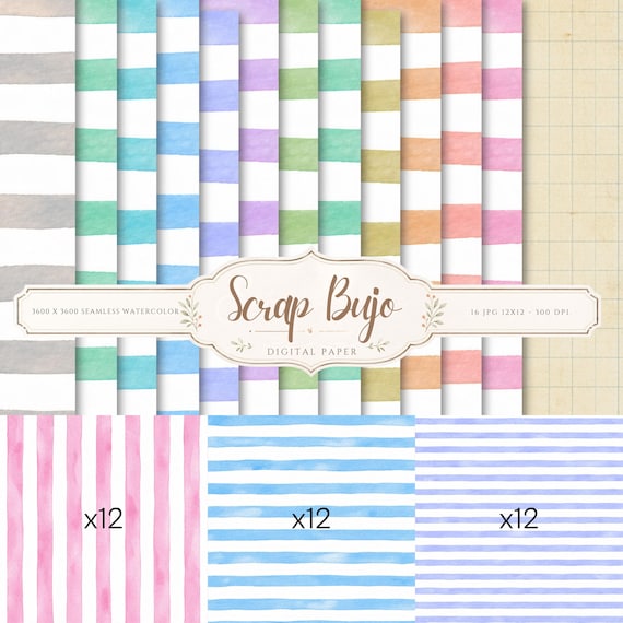 Pastel Watercolor Stripes Digital Paper Pack | 36 Scrapbook Papers (Digital Download)