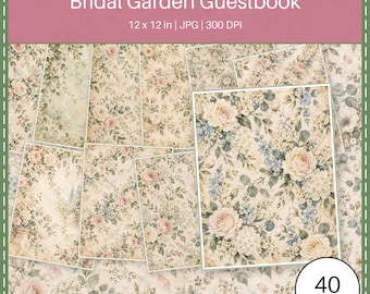 Libro degli ospiti digitale per album di ritagli a tema giardino nuziale / 40 sfondi floreali in formato US Letter