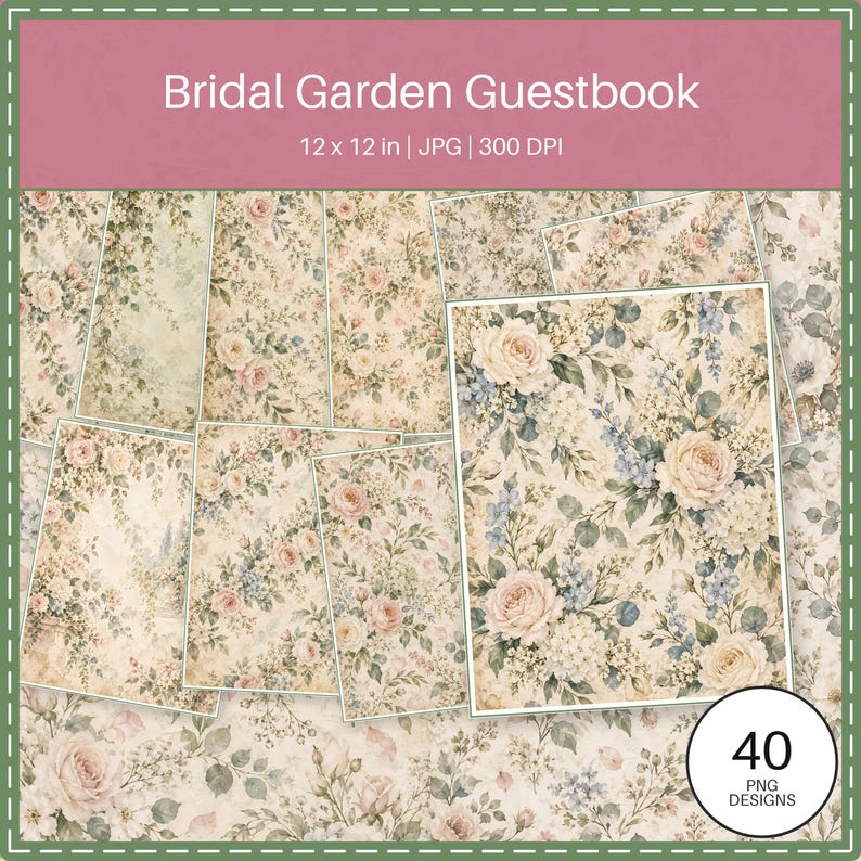 Cyfrowe papiery do scrapbookingu do księgi gości Bridal Garden | 40 kwiatowych teł w formacie US Letter zdjęcie 1