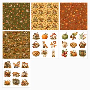 May include: A collection of digital patterns and individual illustrations featuring autumn themes. The designs include cottages, foxes, pumpkins, mushrooms, baskets of apples, pies, lanterns, and fall foliage in green, yellow, and orange color palettes.