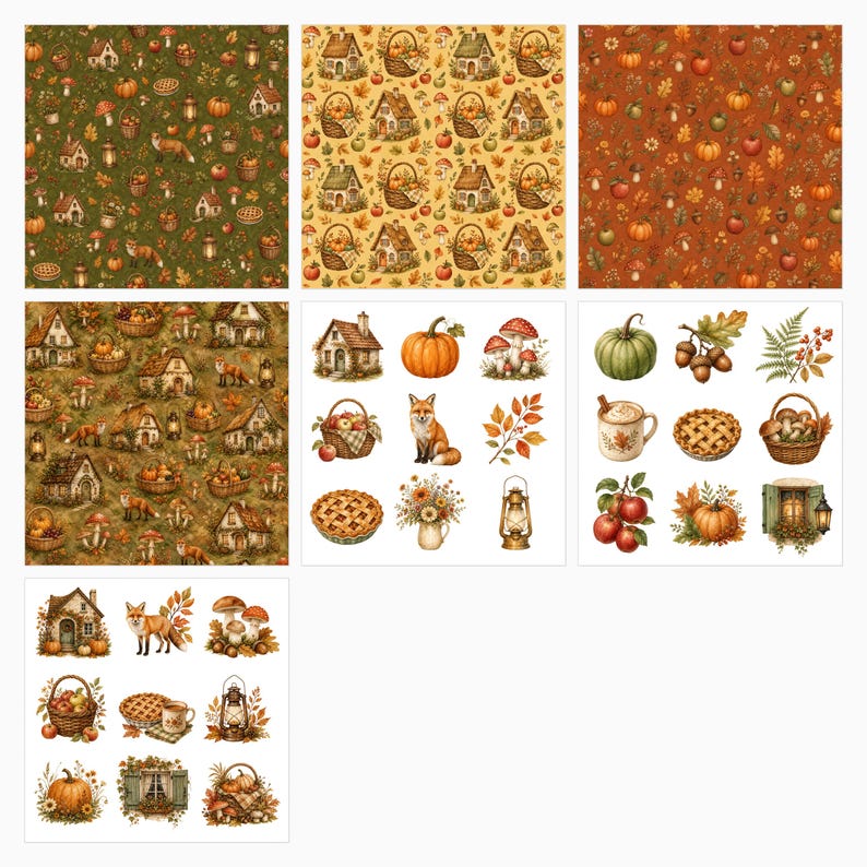 May include: A collection of digital patterns and individual illustrations featuring autumn themes. The designs include cottages, foxes, pumpkins, mushrooms, baskets of apples, pies, lanterns, and fall foliage in green, yellow, and orange color palettes.