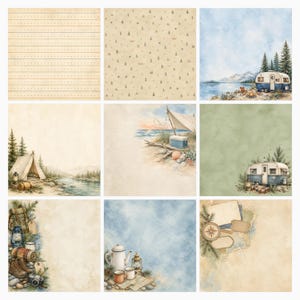 Summer Camping Scrapbook Papers, Watercolor RV Road Trip, Lake Beach Journal Cards (Digital Download) preview 5
