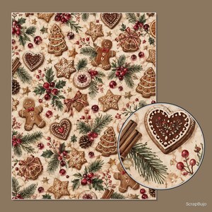 Puede incluir: Un patr&oacute;n repetitivo de galletas de jengibre, incluyendo figuras de jengibre, corazones, estrellas y &aacute;rboles, intercalados con ramas de pino, bayas rojas, pi&ntilde;as y ramas de canela. Un recuadro circular muestra una galleta de coraz&oacute;n.