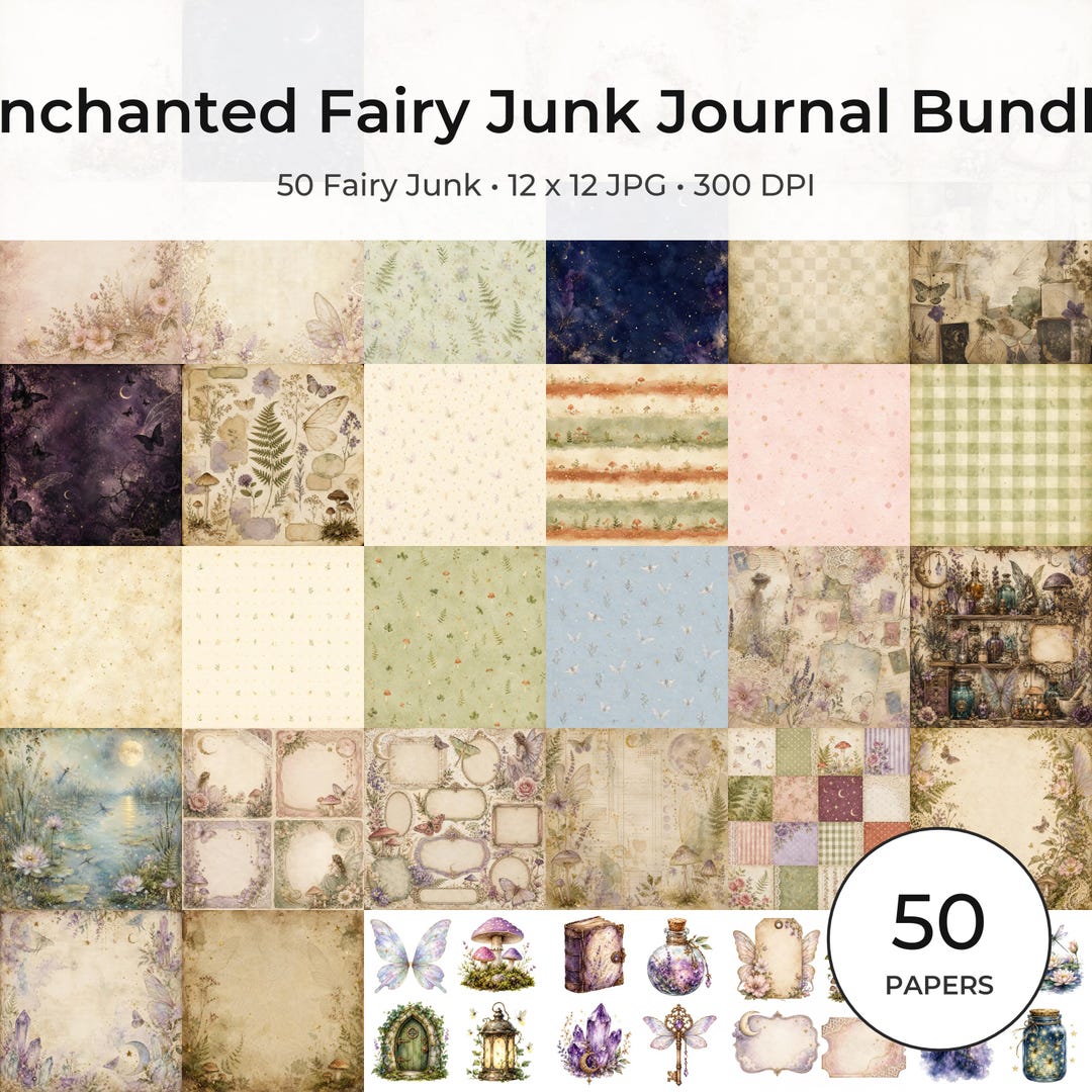 Fairy Junk Journal Papers, Vintage Botanical Digital Bundle (12×12 Inch, US Letter)