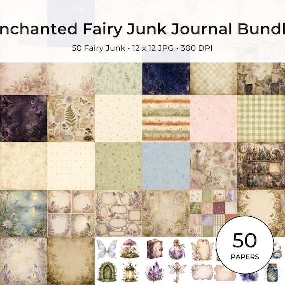 Fairy Junk Journal Papers, Vintage Botanical Digital Bundle (12×12 Inch, US Letter)
