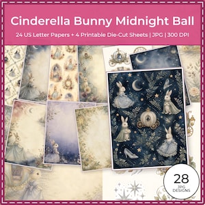 Peut inclure: Une collection num&eacute;rique intitul&eacute;e Cinderella Bunny Midnight Ball comprenant 24 feuilles au format lettre US et 4 planches de d&eacute;coupe imprimables. Les motifs pr&eacute;sentent des illustrations aquarelles de lapins en robes bleues, carrosses citrouilles, lunes et &eacute;toiles.
