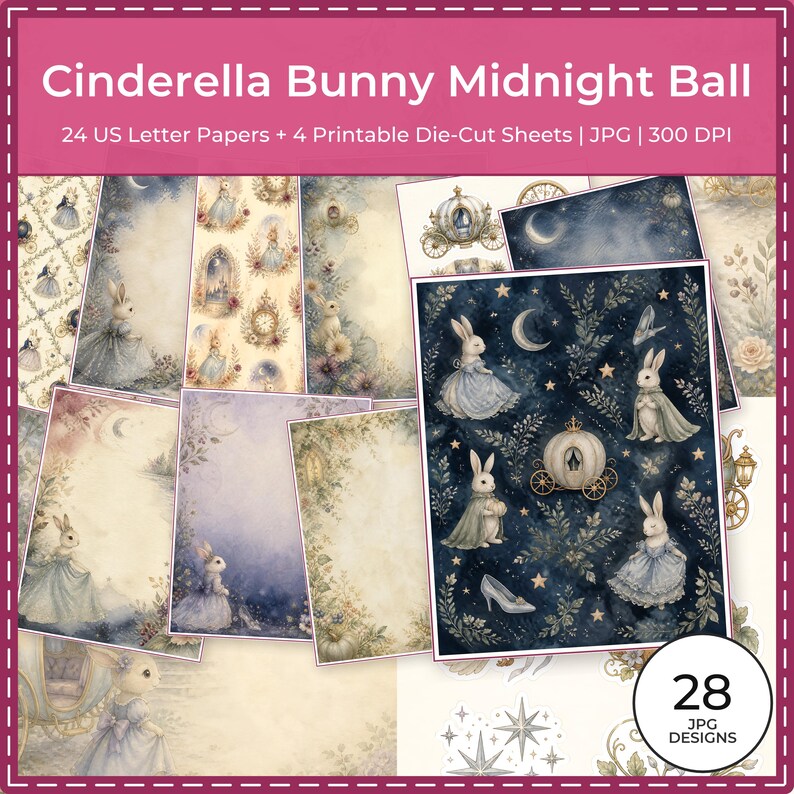 Peut inclure: Une collection num&eacute;rique intitul&eacute;e Cinderella Bunny Midnight Ball comprenant 24 feuilles au format lettre US et 4 planches de d&eacute;coupe imprimables. Les motifs pr&eacute;sentent des illustrations aquarelles de lapins en robes bleues, carrosses citrouilles, lunes et &eacute;toiles.