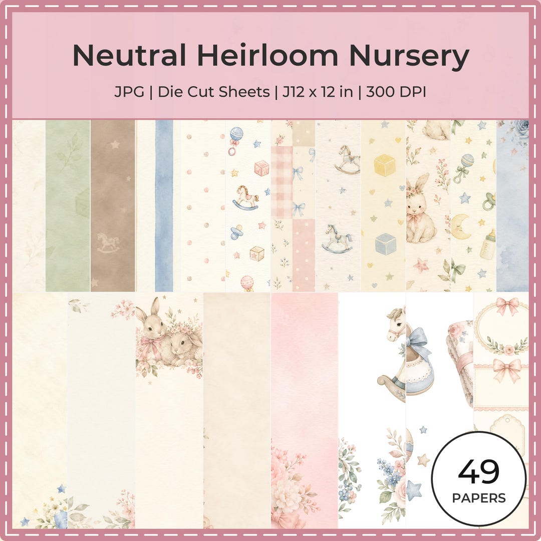 Neutral Heirloom Nursery Digital Papers Bundle, Teddy Bear Bunny Watercolor (Digital Download)