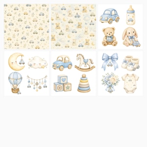 Watercolor Baby Car Nursery Digital Paper Pack, Toy Cars, Teddy Bears, Bunnies (Digital Download) preview 2