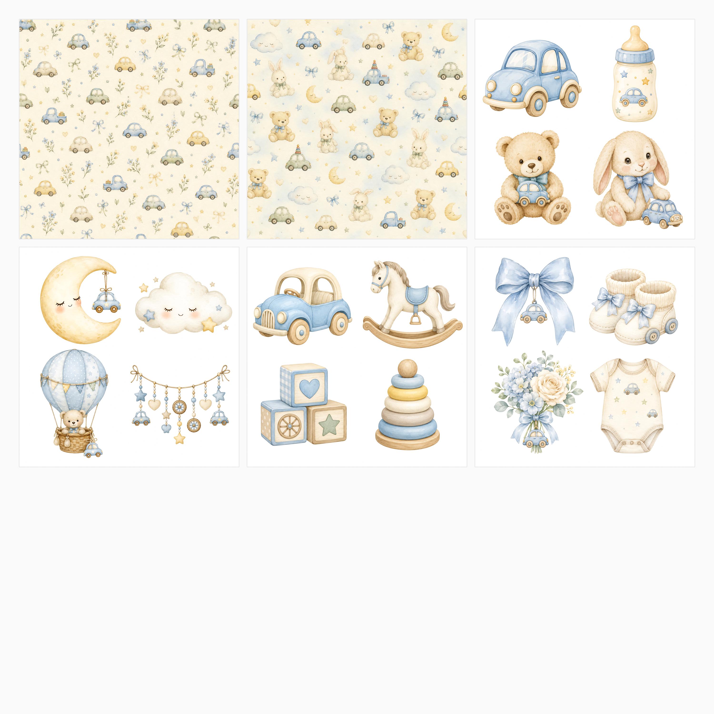 Watercolor Baby Car Nursery Digital Paper Pack, Toy Cars, Teddy Bears, Bunnies (Digital Download) paper preview 2
