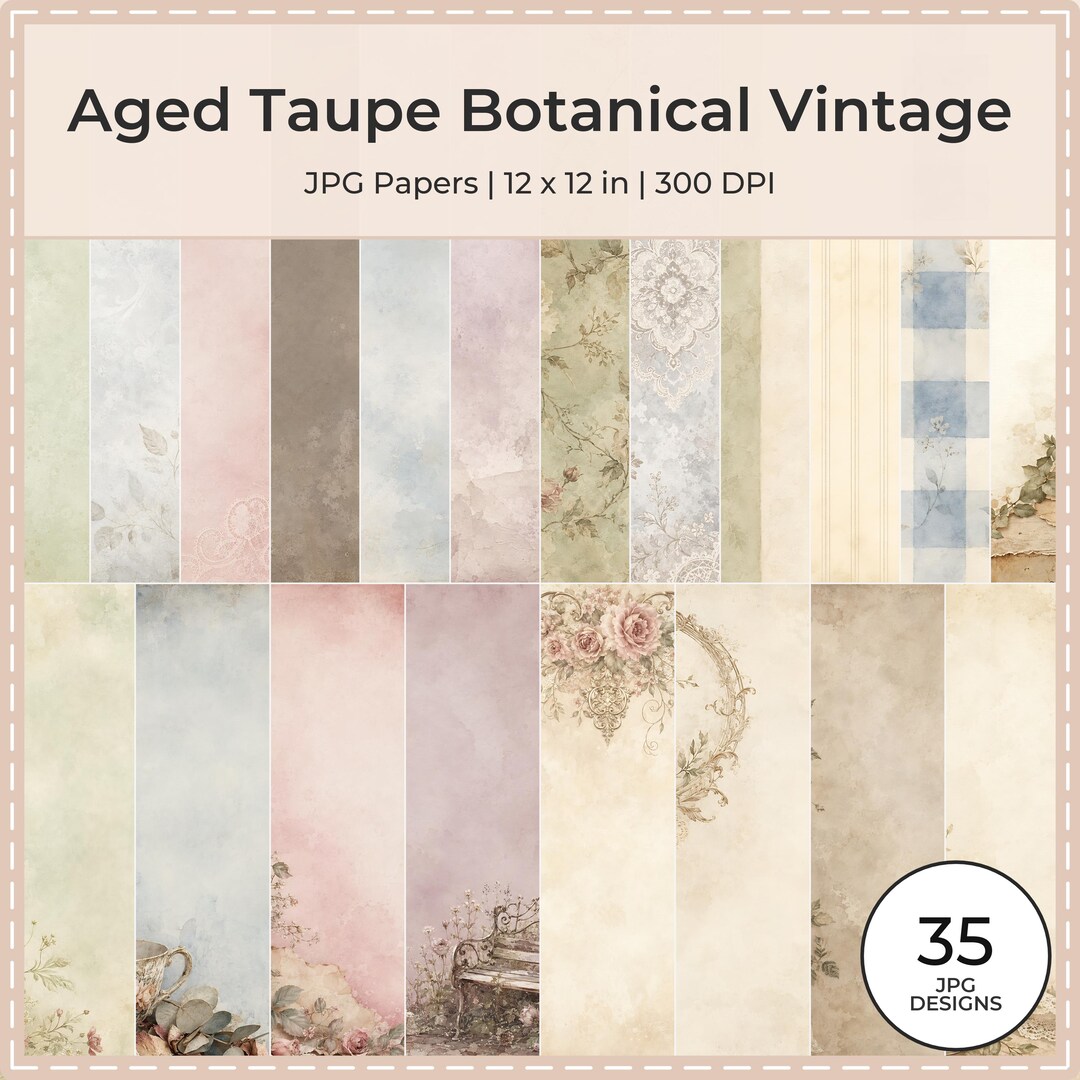 Aged Taupe Botanical Scrapbook Paper Bundle, Vintage Floral JPG Papers (12×12 inch)