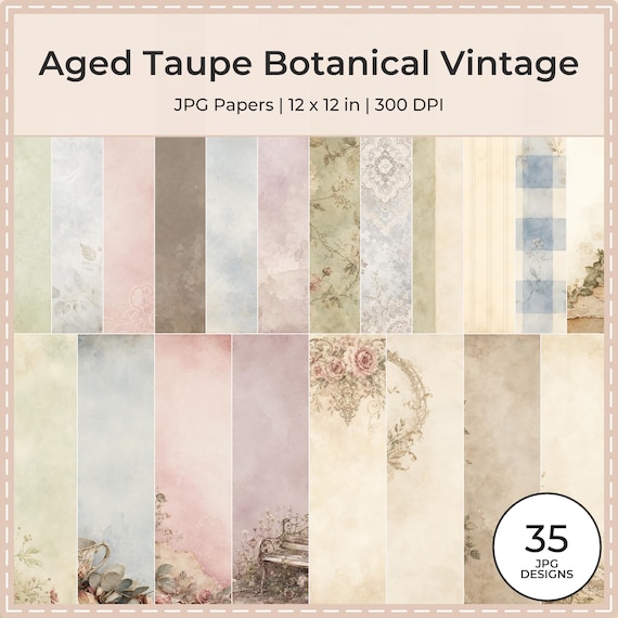 Aged Taupe Botanical Scrapbook Paper Bundle, Vintage Floral JPG Papers (12×12 inch)