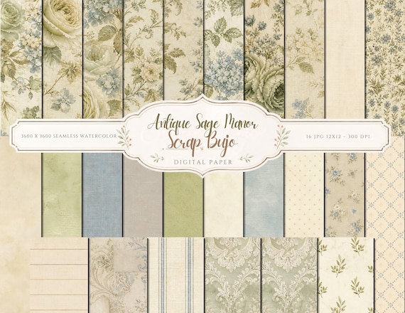Antique Sage Manor Botanical Digital Paper Pack, Shabby Chic Junk Journal Pages (Digital Download)