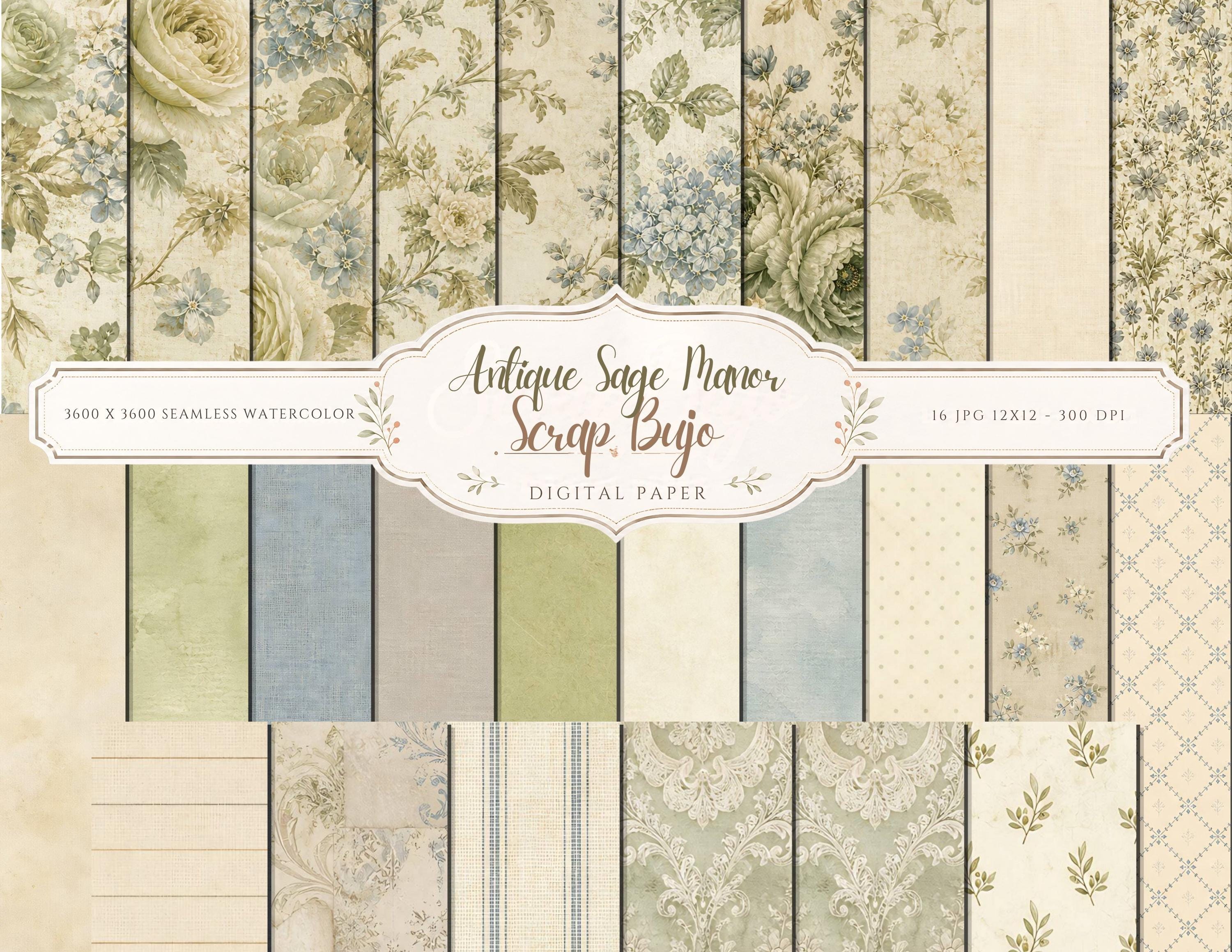 Antique Sage Manor Botanical Digital Paper Pack, Shabby Chic