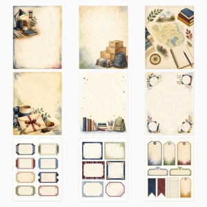 May include: A collection of nine stationery sheets and labels featuring watercolor illustrations of desk items, books, maps, compasses, envelopes, backpacks, and various decorative frames and tags in muted, earthy tones on cream-colored paper.