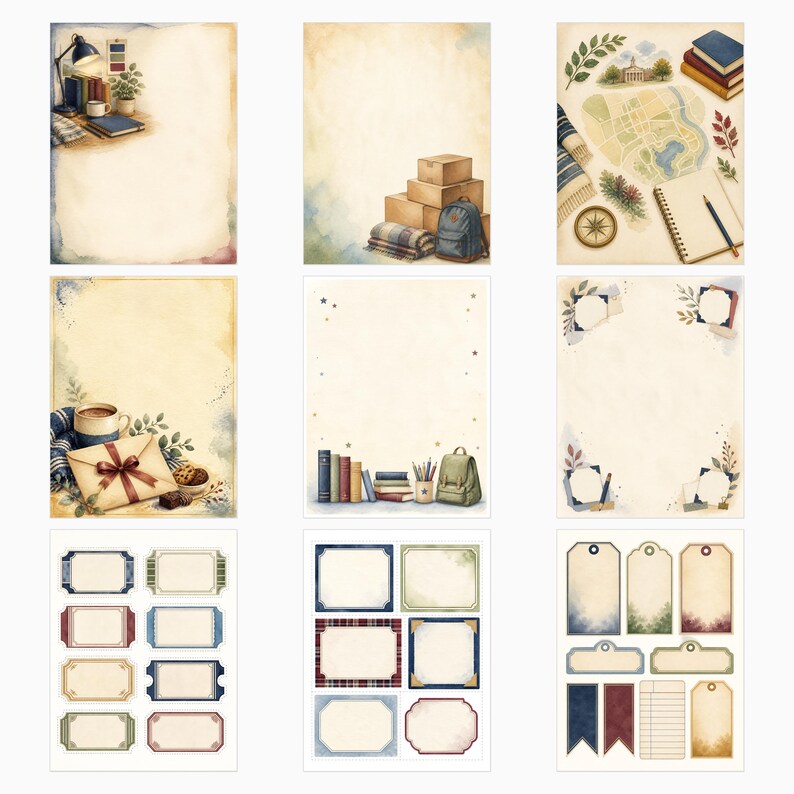May include: A collection of nine stationery sheets and labels featuring watercolor illustrations of desk items, books, maps, compasses, envelopes, backpacks, and various decorative frames and tags in muted, earthy tones on cream-colored paper.