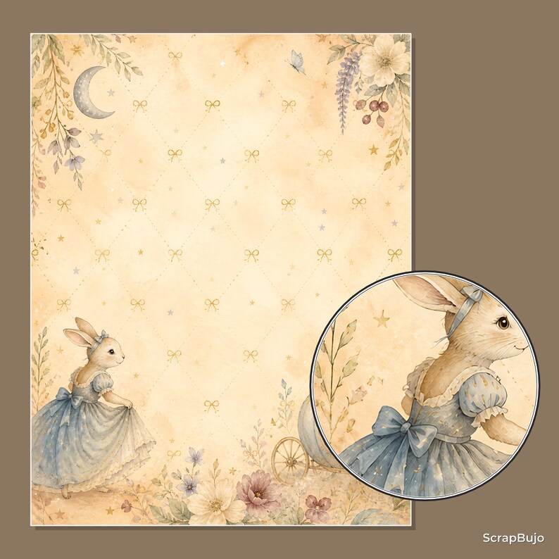 Peut inclure: Une feuille de papier &agrave; lettres rectangulaire avec un fond aquarelle beige orn&eacute; d'un motif r&eacute;p&eacute;titif de petits n&oelig;uds et d'&eacute;toiles. Un lapin en robe bleue se tient &agrave; gauche, avec des fleurs, un croissant de lune et un d&eacute;tail circulaire.