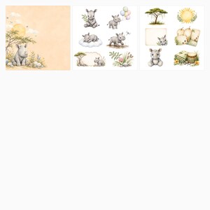 Baby Rhino Safari Digital Paper Bundle, 28 JPG Jungle Nursery Papers, Rhino Die Cut Sheets, Baby Shower Scrapbook 12×12 preview 5