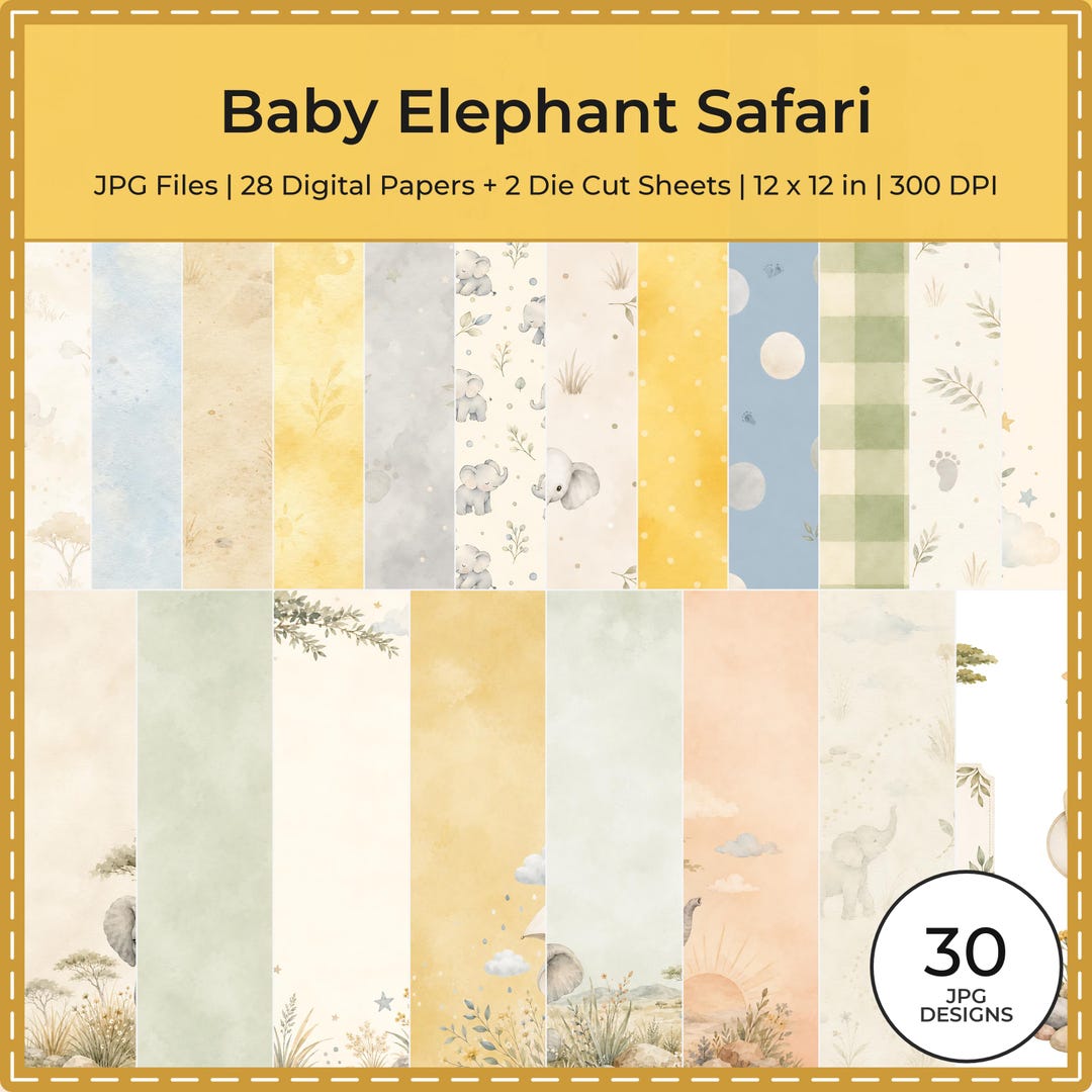 Baby Elephant Safari Watercolor Papers, Nursery Scrapbook Die Cuts (Digital Download)
