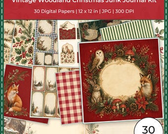 Vintage Woodland Christmas Junk Journal Kit, 30 printbare vellen (digitale download)