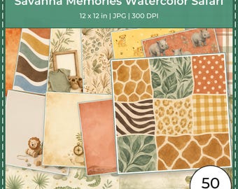 May include: A digital collection titled Savanna Memories Watercolor Safari, 12 x 12 in, 300 DPI, featuring 50 JPG designs. The patterns include animal prints like giraffe, zebra, and leopard, alongside watercolor illustrations of lions, rhinos, crocodiles, tropical leaves, and abstract shapes in earthy tones.