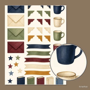 May include: A digital sticker sheet featuring watercolor illustrations of envelopes, corner accents, mugs, banners, stars, and books in navy, cream, olive green, burgundy, and mustard yellow. A circular inset highlights a navy mug and a cream mug.