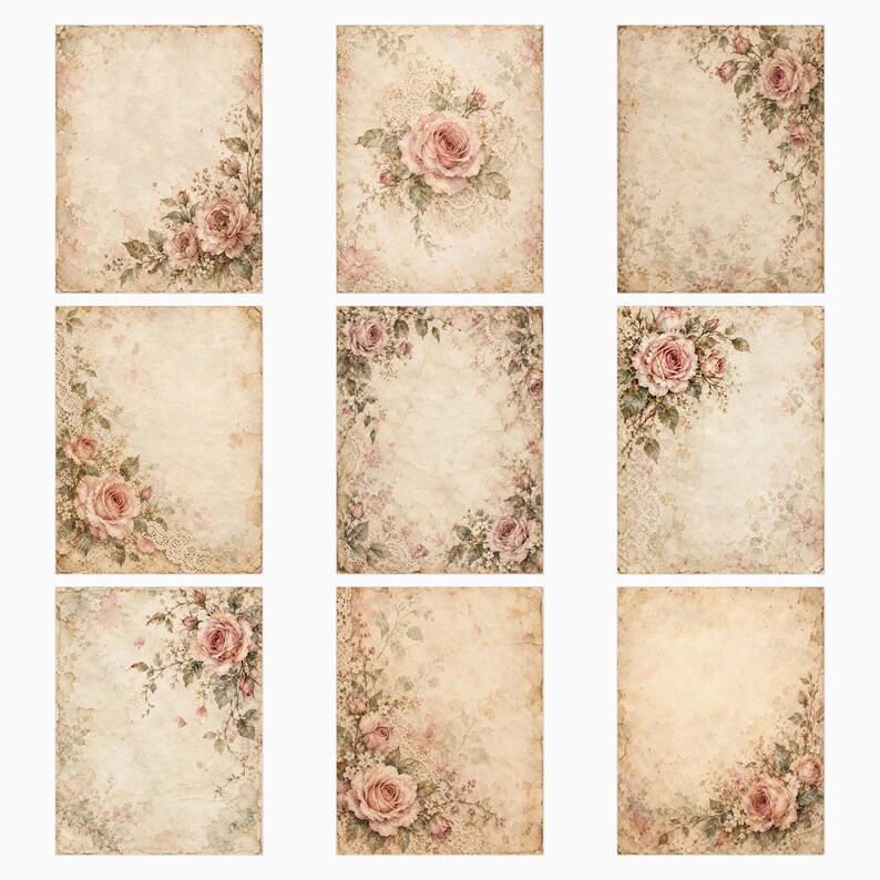 Vintage-Scrapbook-Papiere im Shabby-Chic-Stil mit Blumenmuster | 40 digitale Hintergründe im US-Letter-Format Bild 5