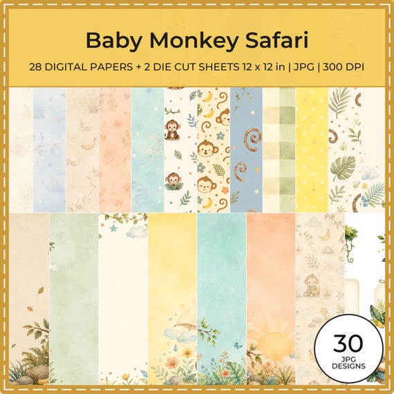 Baby Monkey Safari Watercolor Papers and Die Cuts (Digital Download)
