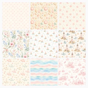 Coastal Pink Watercolor Digital Scrapbook Papers (45 JPG), Beach Cottage Die Cuts (Digital Download) preview 3