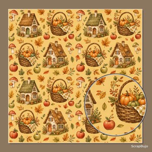 May include: A repeating pattern on a yellow background featuring illustrations of small cottages, woven baskets filled with pumpkins, red apples, mushrooms, and autumn leaves. A circular inset shows a magnified view of a basket and cottage.